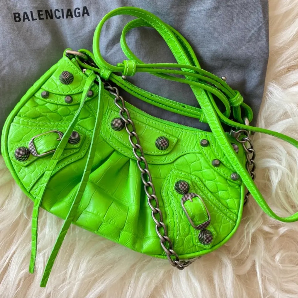 Balenciaga Neon Green Croc-Embossed Mini Crossbody